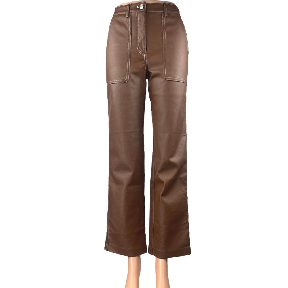 Aritzia Wilfred Brown Faux Leather High Waist Straight Wide Leg Trousers Pants 0